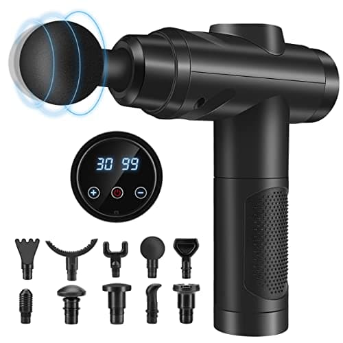 Massage Gun Deep Tissue, Muscle Percussion Massager with 30 Speeds Quiet Hand Massagers with LCD Touch Screen 10 Heads for Shoulder Body Back Relaxation (Black)