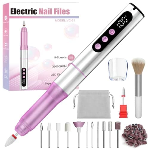 Oukzon Cordless Electric Nail Drill - 13 in 1 Nail File Kit 35000RPM, Professional Nail Drill Machine with LED Display, Dust Cover & 5 Speeds, Rechargeable Manicure Pedicure for Acrylic & Gel Removal