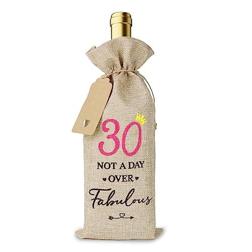 GEBETTER 30th Cotton Linen Wine Gift Bag Drawstring Bottle Bag for Wine with Tag and Rope 30 Years Old Birthday Gift Wine Bottle Cover Gift Bags for Women Wife Friends