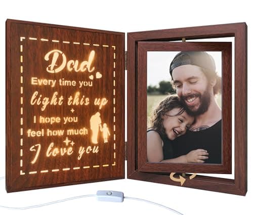 Dad Light Up Photo Frame Gifts from Daughter Son, Wooden Rotating Photo Frame for Dad Birthday Christmas, Unique Sentimental Gifts for Father, Holds 2 4x6 Photos