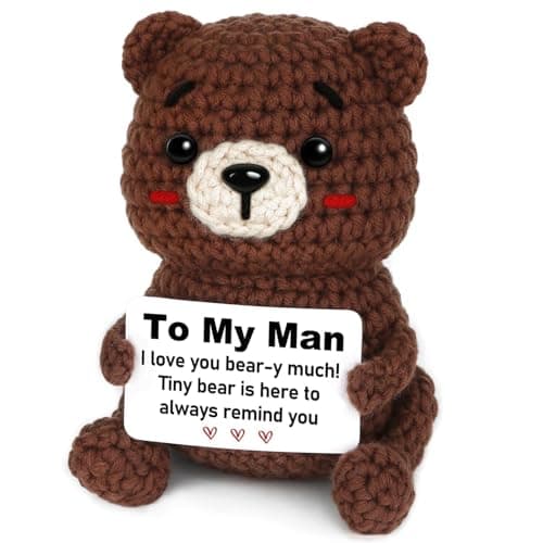Birthday Gifts for Boyfriend Husband, Gifts for Men Christmas - To My Man Handmade Crochet Teddy Bear with Message Card 'I Love You Bear-y Much' - Romantic Christmas or Valentines Presents for Him
