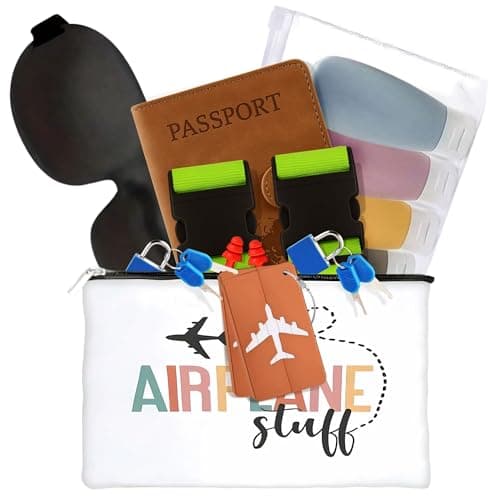 Aeroplane Accessories Travel Gifts with Travel Bottles for Toiletries, Passport Holder, Travel Tags for Luggage & Adjustable Straps, Suitcase Padlocks with Keys, Blackout Mask, Earplugs & Storage Bag