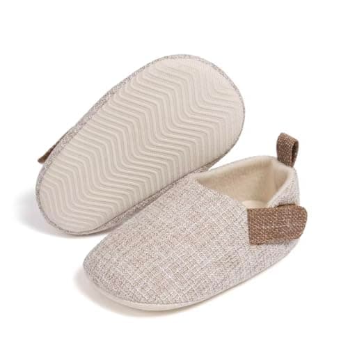 Baby's First Shoes - Soft Beige Infant Shoes with Non-Slip Rubber Sole, Breathable Cotton Insole & Brown Adjustable Strap (UK Footwear Size System, Infant, Age Range, Medium, 0 Months, 6 Months)
