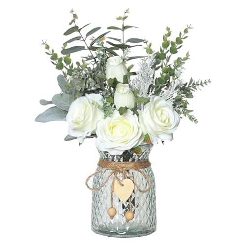 Floralsecret Faux Flowers with Vase Artificial White Rose Flowers in Vase Fake Eucalyptus Plant Floral Arrangement for Table Centerpieces, Baby Shower, Home Kitchen Office Coffee Shop Decorations