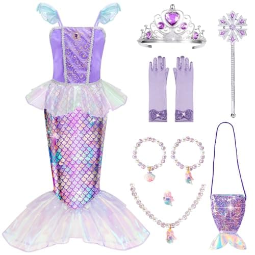 MELAND Mermaid Costume Kids, Princess Costumes for Girls Gift Aged 3-10, Little Mermaid Dress Up for Girls Halloween, Party