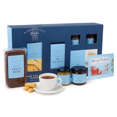 Tea & Biscuits Gift Set - Traditional Time For Tea Gift Hamper with Strawberry Jam, Lemon Curd, Brandy Fruit Cake & more 300g with Topline Card. Christmas Hamper Gifts for Couples & Stocking Fillers