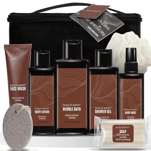 Body & Earth Sandalwood Men's Bath Set - Gift Basket With Body Lotion, Face Wash, Shower Gel, Bubble Bath, Loofah & More - Valentine's Day Gifts for Him