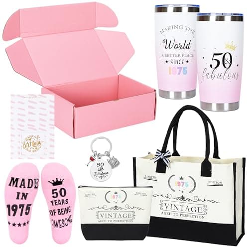 Rilcn 50th Birthday Gifts for Women, 1975 Unique Gift Set for Her, Canvas Tote Bag, Tumbler, Cosmetic Bag, Fuzzy Socks, Birthday Card & Keychain for Mum, Sister, Wife