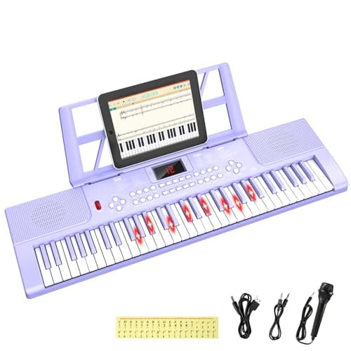 Electronic Keyboard Piano 61 Keys with LED Light, Shayson Portable Digital Pianos Music Keyboard with Microphone, Sheet Music Stand, Piano Note Stickers, Best Gift for Kids Beginners(Purple)