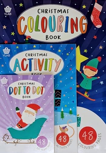 Christmas Activity Book Set for Kids – 3 Pack – Colouring Book (A4), Dot to Dot & Puzzle Book – 48 Pages Each – Recycled Paper – Festive Activity Fun – Ideal Stocking Filler