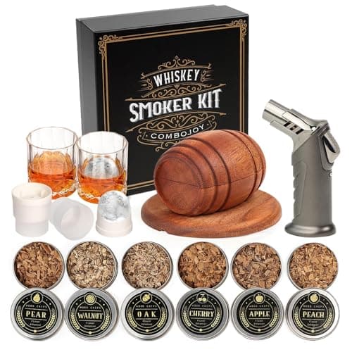 ComboJoy Whiskey Smoker Kit with Torch - 6 Flavors Wood Chips, 2 Glasses, 2 Ice Ball Molds - Cocktail Smoker Infuser Kit, Old Fashioned Drink Smoker Kit, Birthday Bourbon Gifts for Men,Dad(NO Butane)