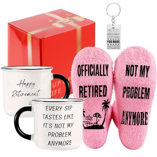 BAIEGOED Retirement Gifts for Women, Funny Retirement Mug Gift with Novelty Socks and Keyring Leaving Gifts Retired Farewell Gifts for Retired Colleagues, Friends, Mum, Teachers