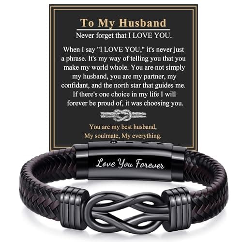 RANKEEF Leather Bracelet Gifts for Husband, Brown Braided Leather Bracelet Infinity Knot Design Adjustable Bracelets Gifts for Birthday Christmas Valentines Father's Day