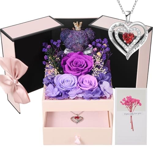 Preserved Real Rose Gifts for Women,Mum,Wife, Handmade Eternal Flowers Rose with Necklace and Crown Moss Bear, Gifts for her on Birthday, Anniversary, Valentine's Day, Mother's Day, Christmas