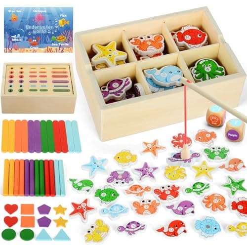 Montessori Toys for 1+ Year Old, 2-in-1 Magnetic Fishing Game & Color Sorting Toys for Toddlers, Montessori Wooden Educational Learning Toys for 1 2 3 Year Old Boys Girls, Gifts for Birthday Christmas