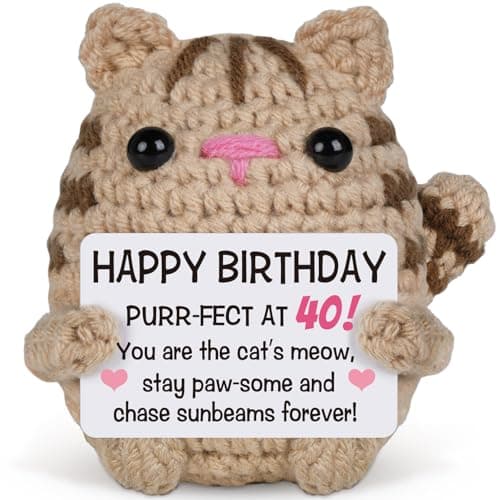 40th Birthday Gifts for Women Men, Emotional Support Crochet Cat with Card, Funny 40th Birthday Decoration Gifts for Women Men Mum Dad Wife Husband Friend Sister Auntie, Cute Home Decor Gift Idea