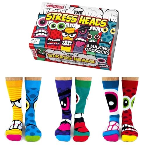 United Oddsocks The Stress Heads Gift Box – 6 Sulking Odd Socks for Men – UK 6–11, EUR 39–46, US 7–12 – Funny Monster-Themed Mix & Match Socks – Colourful Gift for Birthdays, Father’s Day & Christmas