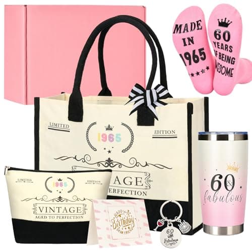 60th Birthday Gifts for Women – Gift Set for Her with Canvas Tote, 20oz Tumbler, Cosmetic Bag, Fuzzy Socks, Greeting Card & Keychain, Premium Gift Box – Ideal for Mum, Sister, Wife, Friend