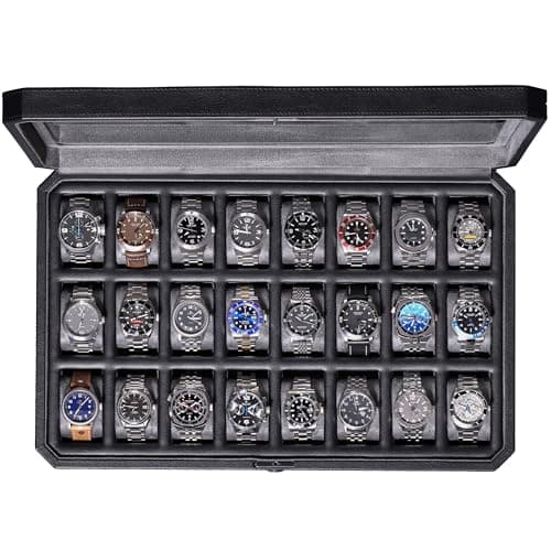 ROTHWELL 24 Slot Watch Case with Lock – Luxury Watch Box to Display and Organize Your Collection | Real Glass Top | Premium Storage for Collectors (Black/Grey)