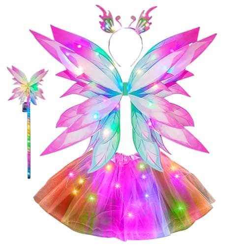 KUWUNG Light Up Fairy Costume for Girls, Kids Glowing Fairy Costume Set with Fairy Wings, LED Tutu Skirt, Fairy Wand, Headband, Children Birthday Halloween Christmas Carnival Fairy Dress Up Set