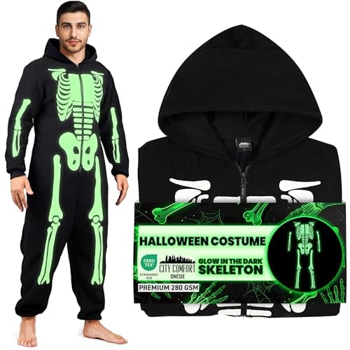 Get Trend Onesies for Adults & Teens, Glow in the Dark Halloween Skeleton Costume, Fleece Jumpsuit Pyjamas, Gifts for Men (XL, Black)