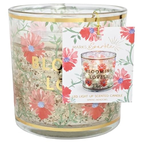 M&S Blooming Lovely LED Light Up Scented Glass Candle, Spring Meadows, Floral Design, Decorative