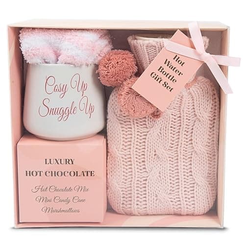 Hot Chocolate Gift Set with Mug | Small Hot Water Bottle with Cover | Fluffy Socks | Cosy Pink Ribbon Balls | Christmas Gifts for Women Her | Novelty Girls Ladies Xmas House Couple Home Mum Auntie (1)