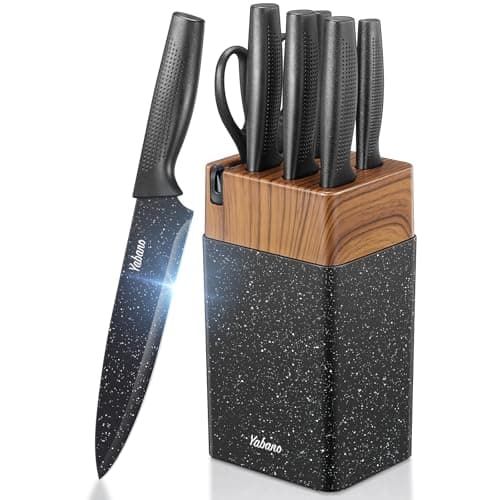 Knife Set, Yabano No Rust Kitchen Knives with PE Universal Knife Block 7 Pieces, High Grade Small Knife Block Set with Black Coating, Dishwasher Safe