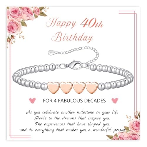 BMMYE 40th Birthday Gifts for Women,Silver Bead Bracelet with Rose Gold Heart Adjustable Sterling Silver Bracelet Birthday Gifts with Cards for Mum Daughter Sister Grandma