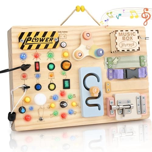 Joyreal Wooden Busy Board for Toddlers, Activity Montessori Toy for 1 2 3 Year Old, with 20 LED Lights 19 Fine Motor skills, Music Box, Birthday Easter for Boys Girls