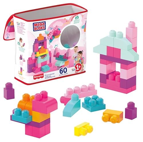 MEGA BLOKS Big Building Bag building set with 60 big and colorful building blocks, and 1 storage bag, toy gift set for ages 1 and up, DCH54