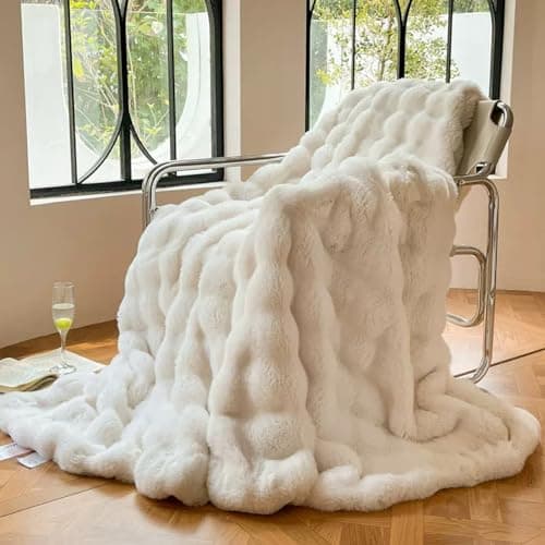DREAMLANDING Faux Rabbit Fur Luxury Plush Sherpa Throw Blanket Reversible Fuzzy Warm Cozy Fluffy Fur Blanket for Bed Sofa Couch Home Decor (Cream, 100 * 150cm)