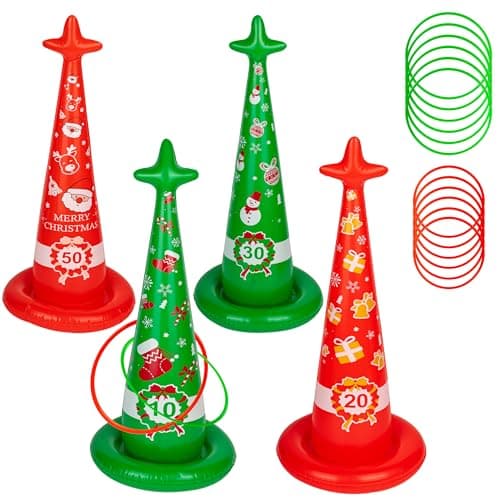 Christmas Party Toss Game Inflatable Santa Snowman Hat with Rings for Kids Adults Family Xmas Fun Games, 4 Pack Christmas Party Toys with 12 Rings for Indoor Outdoor Family Games