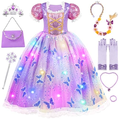WIKITOT Princess Costumes for Girls, Light up Princess Dress up for Girls Aged 3 to10, Purple Fancy Dress for Kids & Toddlers Halloween Costumes(M)