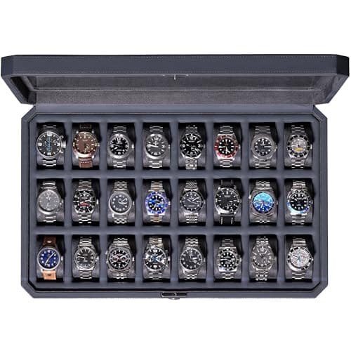 ROTHWELL 24 Slot Watch Case with Lock – Luxury Watch Box to Display and Organize Your Collection | Real Glass Top | Premium Storage for Collectors (Carbon)