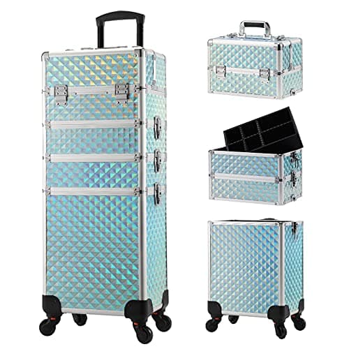Professional 4-in-1 Large Makeup Trolley Beauty Cosmetics Vanity Organizer Rolling Make up Train Case Hairdressing Storage Box with Universal Wheels and Key Locks 4 Tiers (Mint Blue)