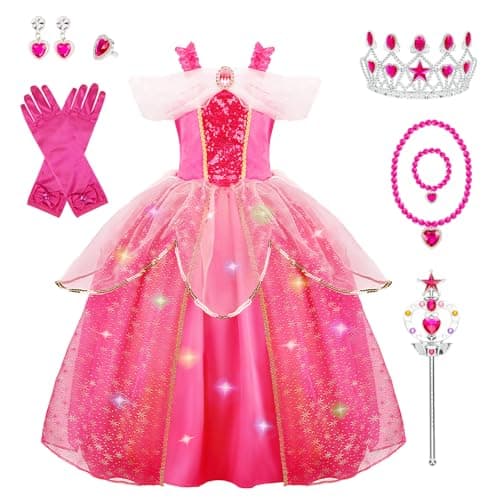 MELAND Princess Costumes for Girls, Sleeping Light Up Princess Dress Up for Girls Age 3-10 Years, Rose Pink Fancy Dress for Kids & Toddlers Halloween Costumes (S)