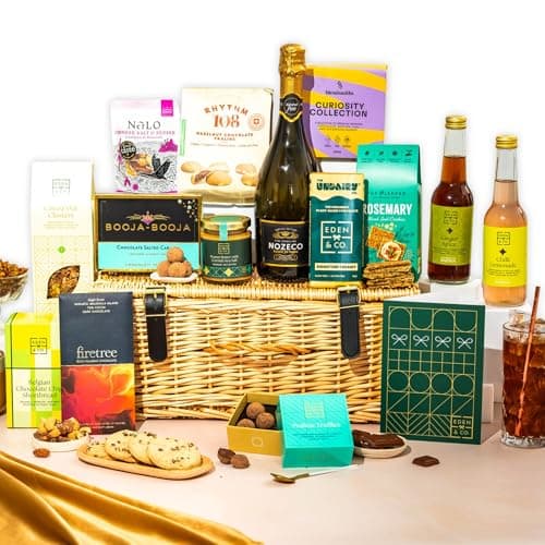 Premium Vegan Gift Hamper Basket, Luxury Gourmet Gifts for Women or Couples, Wicker Family Hamper by EDEN & CO - 2 Non-Alcoholic Mocktail