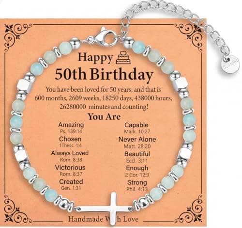 Sylona 50th Birthday Gifts for Women - Natural Gemstone Adjustable Hypoallergenic Green Cross Bracelet, Elegant Jewellery for Mum Sister Friend