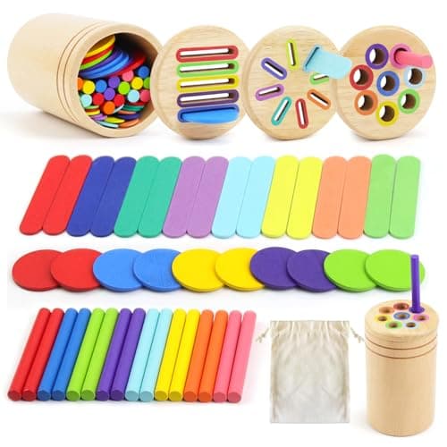 Qcdou Montessori Wooden Toys for 1 2 3 Years Boys Girls, Colour Sorting Sensory Toy, 3 in 1 Shape Sorter, Toddler Travel Toys, Toddler Educational Learning Toys, Gifts for 1 2 3 Year Olds kids