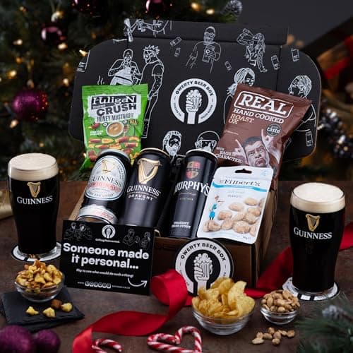 Irish Stout & Snack Hamper, Beer Gift Set - Guinness Draught 440ml and Pint Glass, Guinness Original & Murphy's Stout Hampers - Christmas Alcohol Gift for Men, Birthday Gifts for Him - QWERTY Beer Box