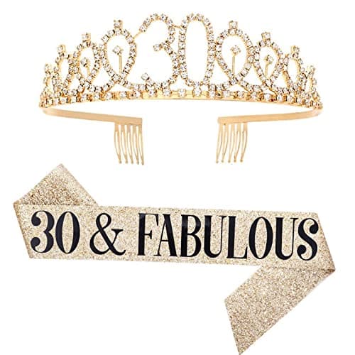 NC Leixi 30 and Fabulous Sash & Rhinestone Tiara Set - 30th Birthday Gifts Birthday Sash for Women Birthday Party Supplies, Gold, X-Large