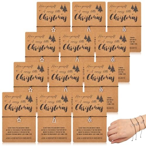 Otuuz 12 Sets Christmas Eve Wish Bracelets Stocking Filler Gifts with Wish Card Snowflake Star Christmas Tree String Bracelets Charms for Gift Bag