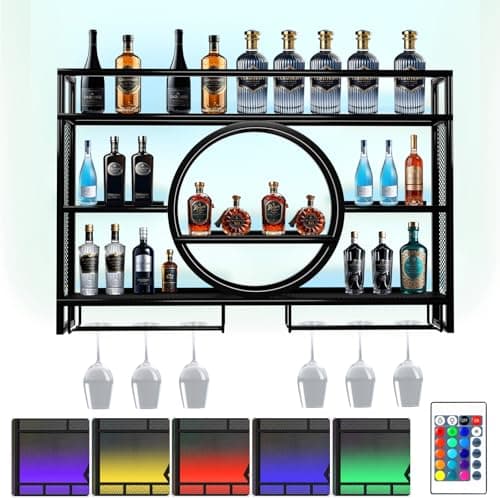 YCKJXSMA 3 Tier Wine Rack Wall with Multicoloured LED Light, Hanging Bottle Holder, Kitchen Shelf Hanging Iron Display Stand Floating Wall Wine Racks for Home Restaurant Bars