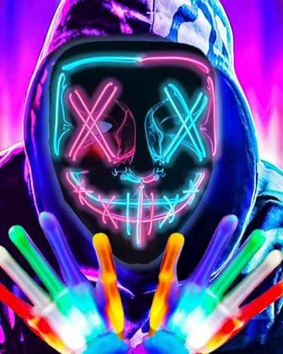 DWTECH Purge Mask with LED Gloves Halloween Costumes for Men Women,Scary LED Purge Mask Skeleton Glow Gloves Costumes,Light up Anonymous Scream Masks for Kids Adult Halloween Gifts (Ice blue/Pink)