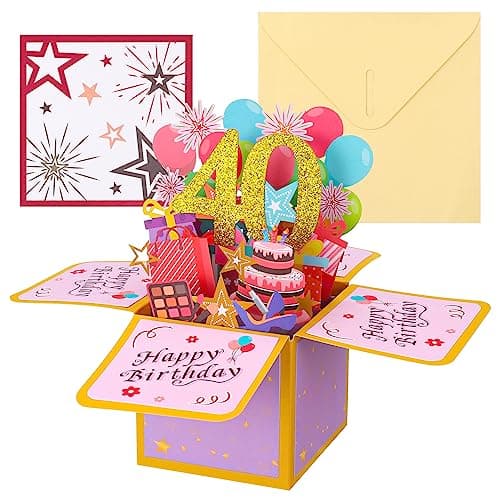 Xialvyu 40th Birthday Card, 40th Birthday Pop-Up Greeting Card for Women 3D Pop Up Greeting Card with Note and Envelope 40th Birthday Gifts for Daughter Wife Husband Women
