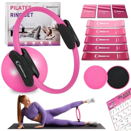 Goocrun Pilates Ring Set Exercise Equipment with Exercise Bands Resistance Bands Set, Pilates Ball, Sliding Disks – Workout Equipment Home Gym Includes Complete Fitness Guide (Pink)