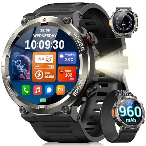 Blackview Military Smart Watch for Men - Make/Answer Call, 1.45" HD Fitness Watch with 960mAh Battery/Flashlight/Compass/Heart Rate/SpO2/Sleep/Stress, 150+ Sports, Outdoor Smartwatch for iOS Android