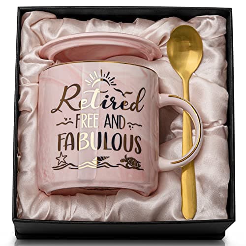 Retirement Gifts for Women, Colleagues Leaving Gift, Retired Free and Fabulous -14oz Pink Marble Coffee Cup Mug with Gift Box, New Job, Christmas Gifts for Teacher, Boss Lady, Colleagues, Best Friend