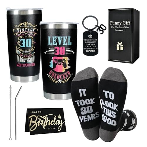 Merclix 30th Birthday Gifts for Men Funny Gift Set Funny Sock 9-11 Keyring Card 20oz Mug with Straw 30th Birthday Gifts for Him Son Brother Nephew Boyfriend Husband Ideas